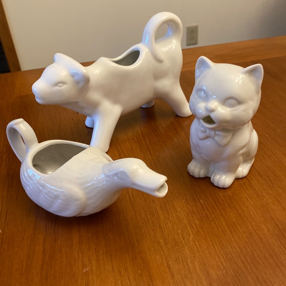 Ceramic White Creamers-Set of 3-Cow-Goose-Cat